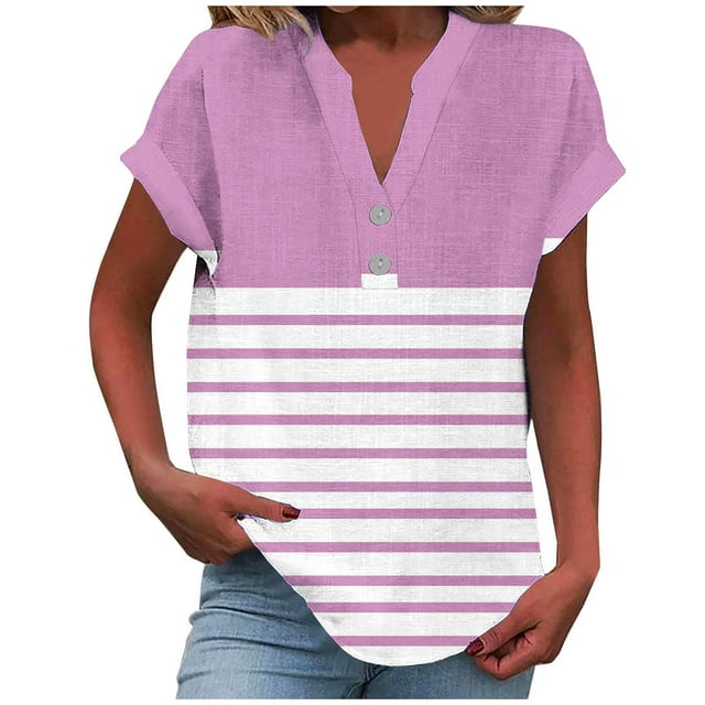 Staron Women Tops Clearance Under $10 Cotton Linen Dressy Summer Button Down Shirts Short Sleeve Color Block Loose V Neck Tops
