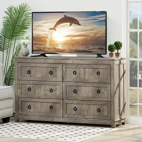 54" Large Long Drawer Dresser, 6 Drawer Dresser for Bedroom, Modern Farmhouse Wood Wide Chest of Drawers, Storage Dressers for Bedroom, Living Room, Grey Oak