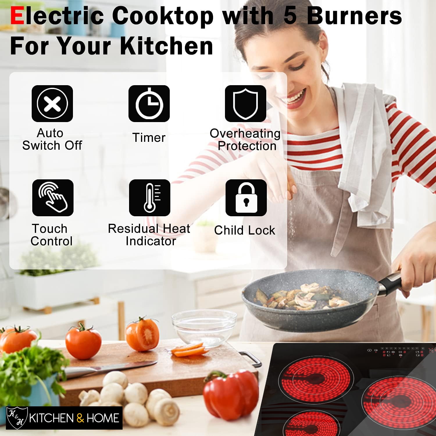 K&H German Designed 5 Burner 30 inch Built-in Electric Stove Top Radiant Ceramic Kitchen Cooktop Touch Control 240V 9000W CE30-8808NF