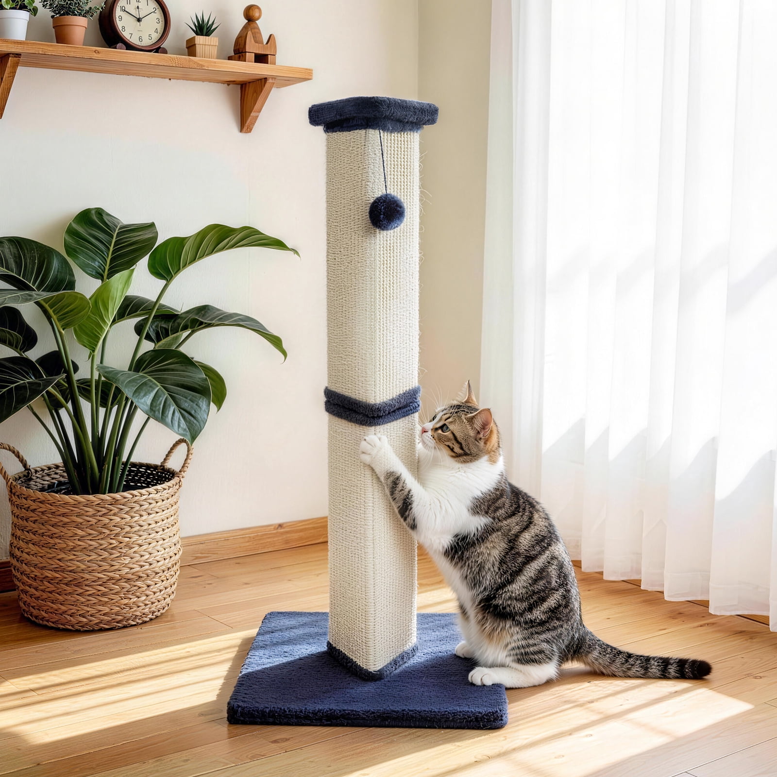 32" Tall Natural Sisal Cat Scratching Post for Indoor Sturdy Cat Scratcher with Plush Large Base, Green