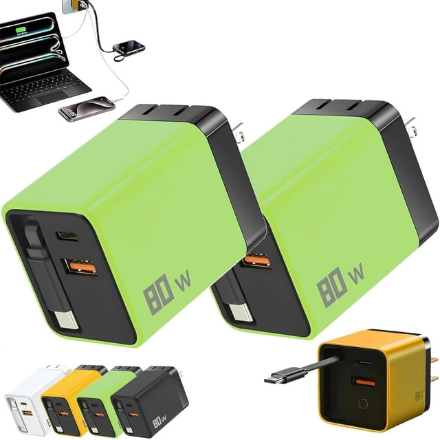 Chargeur 3 en 1 Rétractable Chargeur de Téléphone Prise Murale 80w Max Rapide, Module de Chargeur Rapide 80w Max Extensible avec Câble Type-C et 1 Port USB pour Téléphone, Tablette, Ordinateurs Portables, Montres