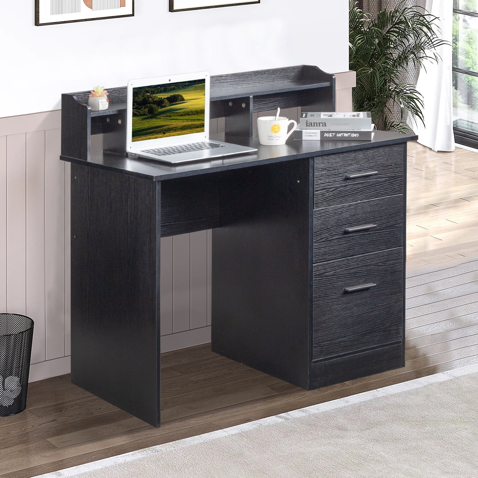 Computer Desk, Particleboard Paste Triamine Desktop Storage Layer Three Drawers Black Wood Grain, 110*50*95cm