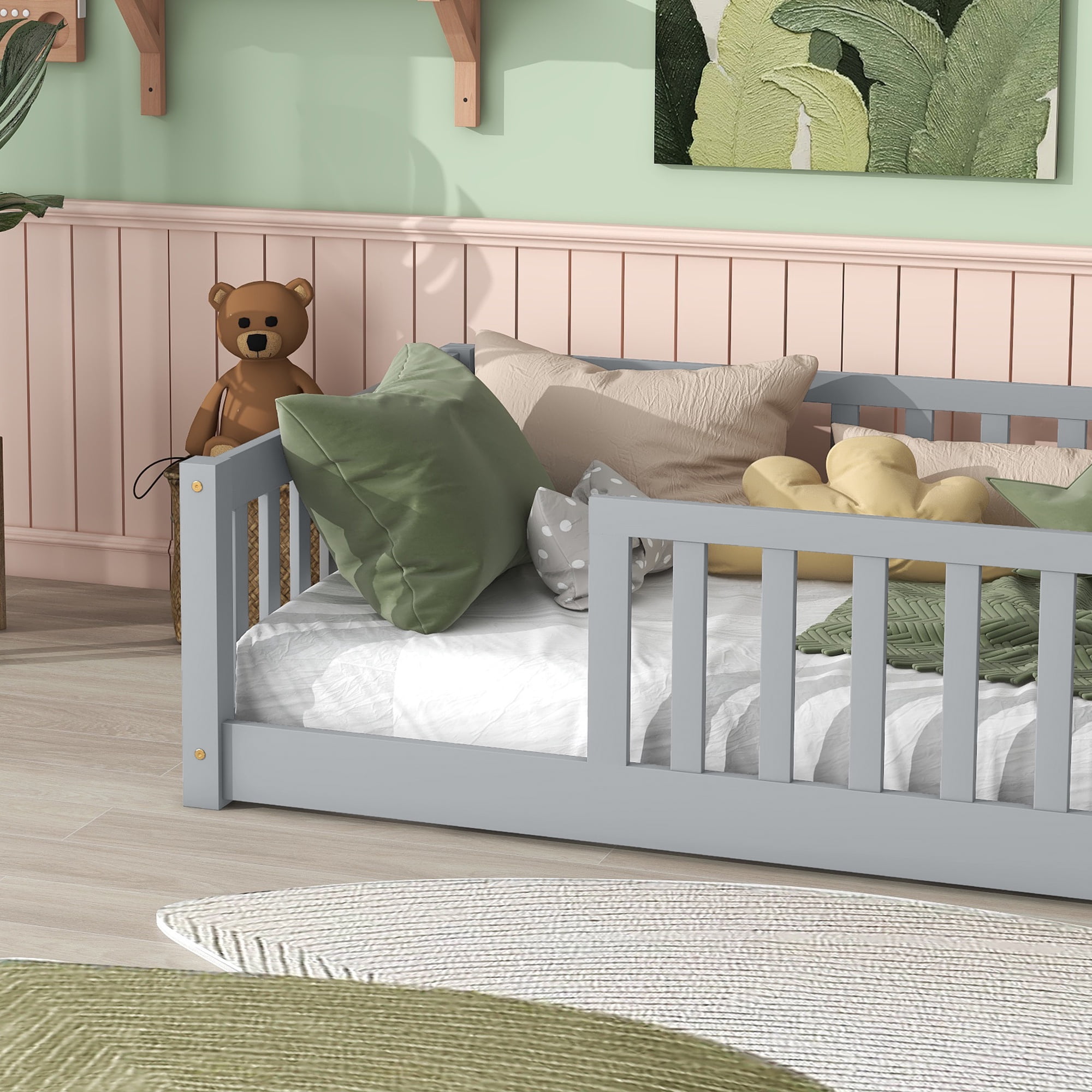 PORKISS Twin Floor Bed with Guardrails, Gray Montessori Floor Bed Frame for Kids, Wood Toddler Bed Frame with Slats, Low Profile Kids Bed, Open Entry, No Box Spring Needed