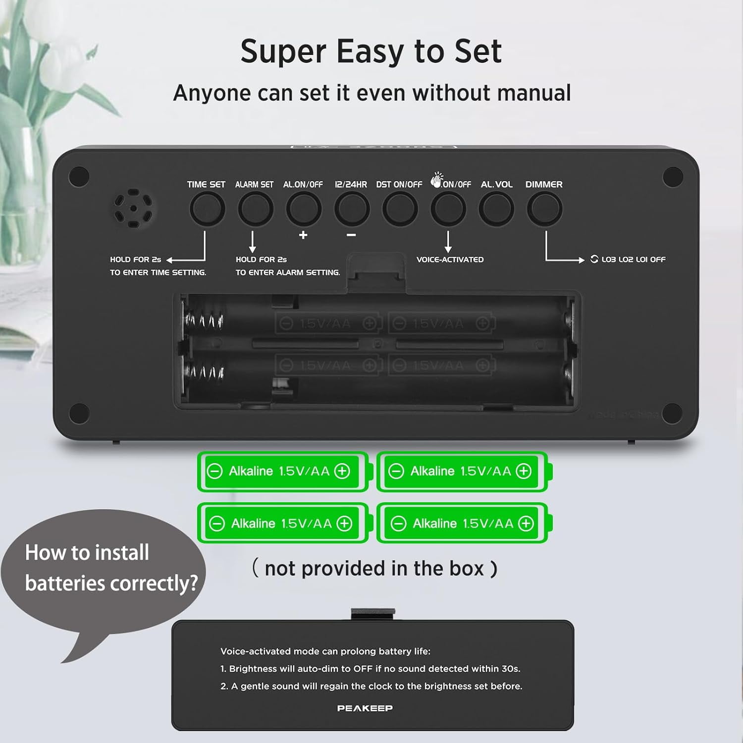 Battery Operated Digital Clock, Alarm Clock for Bedrooms - Cordless Large Big Numbers 4 Dimmers for Seniors, Adjustable Volume Loud Alarm Clock for Heavy Sleepers Adults (Green Digits)