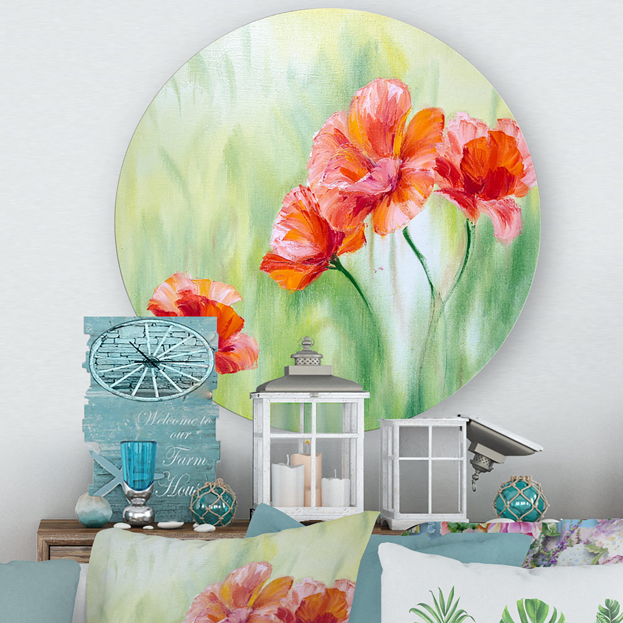 Designart 'Red Blossoming Poppies Over Wild Green I' Traditional Circle Metal Wall Art 11x11 - Disc of 11