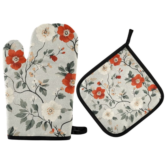 Yayeee Oven Mitts and Pot Holder Set of 2 Heat Resistant Kitchen Gloves Baking Hot Pad, Red and White Floral Pattern