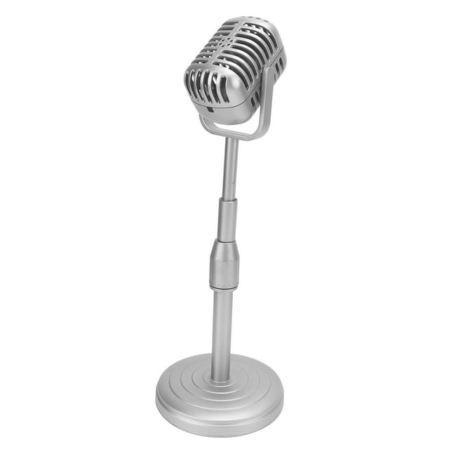 Microphone de Simulation et Set de Support, Réglage Flexible de la Hauteur en Plastique Modèle de Microphone Vintage Finition Exquise pour la Prise de Photos Argent