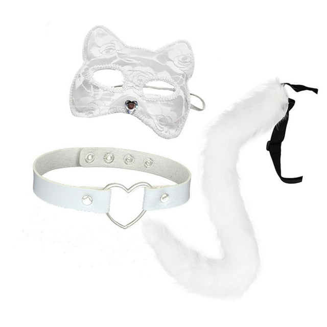 BELOVING Ensemble Mignon de Costume avec Col et Queue d'Oreilles de Chat pour Carnavals Bal de Promo Fête Blanc