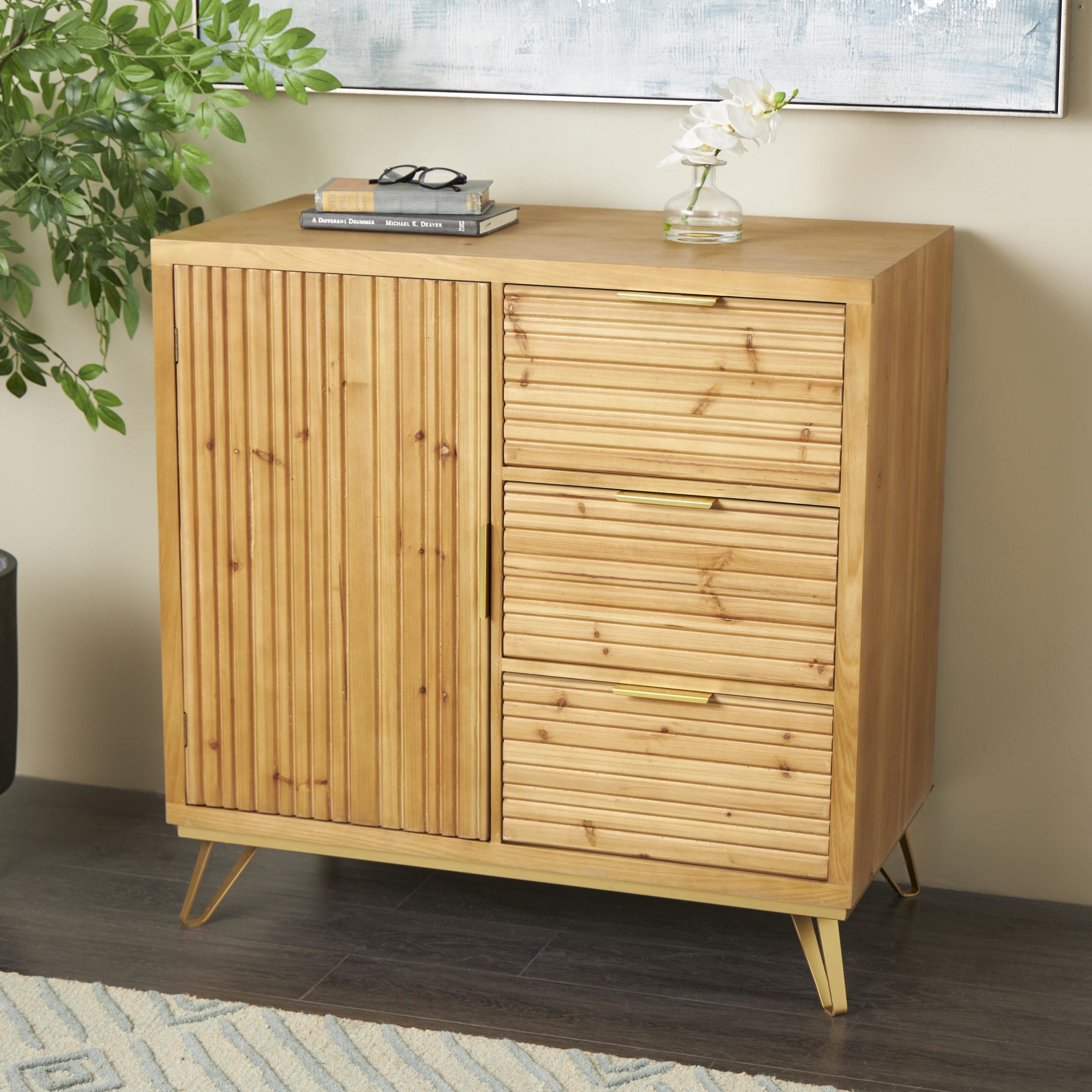 DecMode 36" x 36" Brown Wooden Ribbed 1 Door and 3 Drawer Cabinet with Gold Metal Handles, 1-Piece