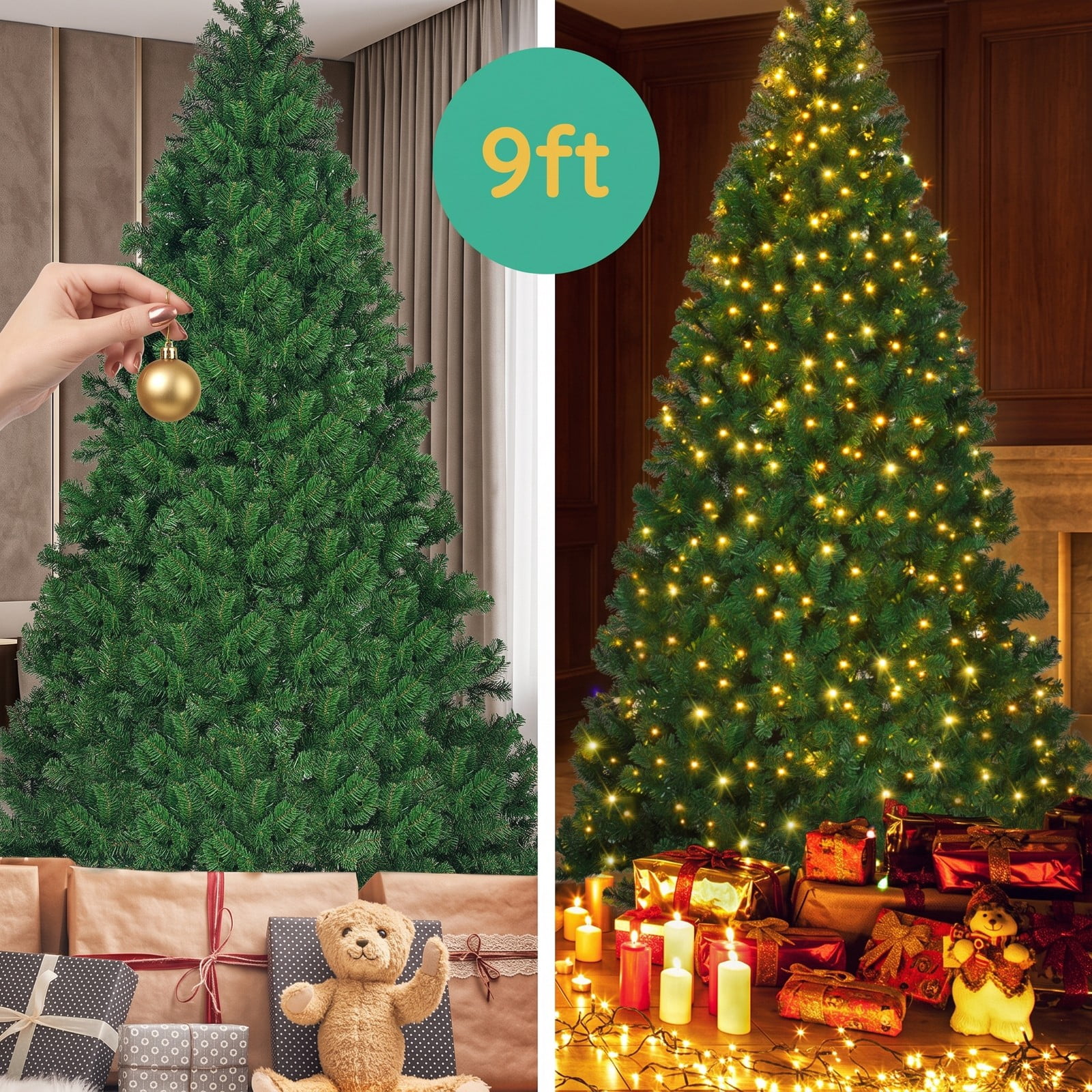 RUIE 9 FT Pre-Lit Artificial Christmas Tree with 700 Warm White LED Lights, 2028 PVC Branch Tips, Hinged Xmas Tree with Metal Stand for Indoor Holiday Home, Green