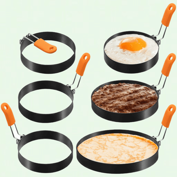 Stainless Steel Pancake Ring Set, 6 Pcs, 4 Inch, 6 Inch, 8 Inch, Nonstick Coating, Silicone Handle