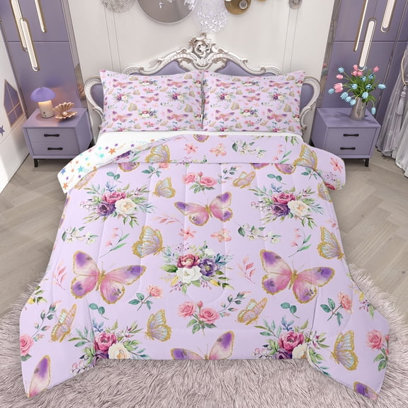 jejeloiu Cute Cartoon Butterflies Bedding Comforter Set,Country Floral Twin Comforter Sets,Purple Pink Green Bedding Set For Girls Teens,Super Cozy Room Decor Reversible,2-Piece