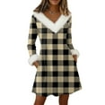 thumbnail image 2 of Women's Knit Dress Long Sleeve V-Neck Flannel Plaid Print Knee Length Dress with Pockets for Fall Casual Loungewear,Beige,L, 2 of 6