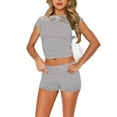 thumbnail image 2 of BLVB Womens Summer 2 Piece Outfits Casual Slim Lace Splicing Short Sleeve Tops and Low Rise Shorts Sets, 2 of 4