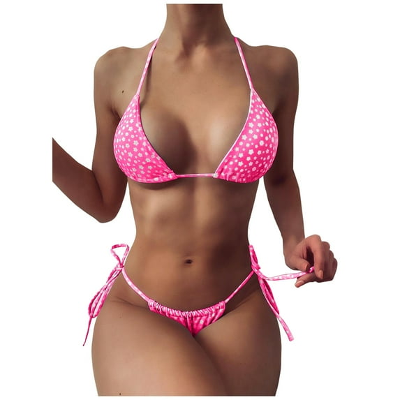 Hinvhai Womens swimsuits clearance,Women's Flower Print Lace Up High Cut Leg Bikini Set Two Piece Swimsuit Pink L(L)