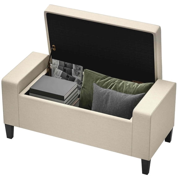 36" Storage Ottoman, Linen Bench with Lift Top - Rubberwood Legs, Beige