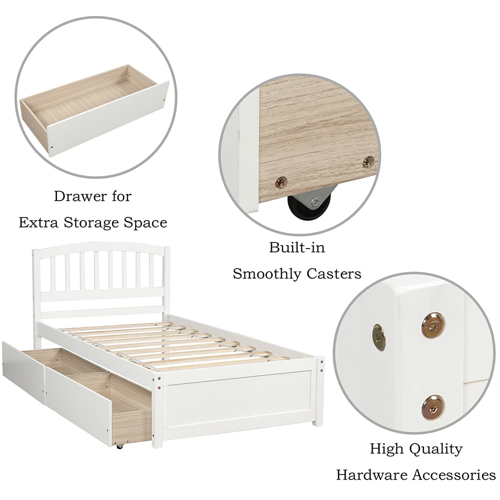Kepooman Twin Size Modern Bedroom Solid Wood Platform Bed Frame with 2 Storage Drawers & Headboard, White Kepooman Twin Size Modern Bedroom Solid Wood Platform Bed Frame with 2 Storage Drawers & Headboard, White