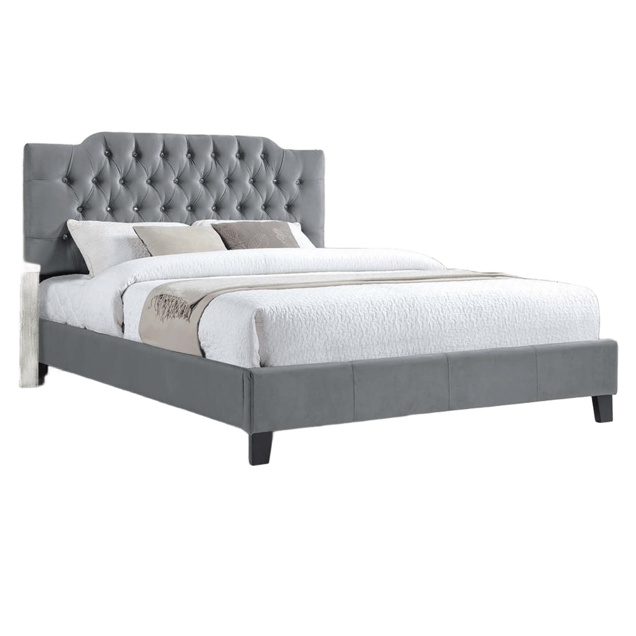 Bed Frame Gorgeous Gray Velvet Queen Size Bed 1pc Bedframe Modern Tufted Upholstered Headboard Bedroom Furniture