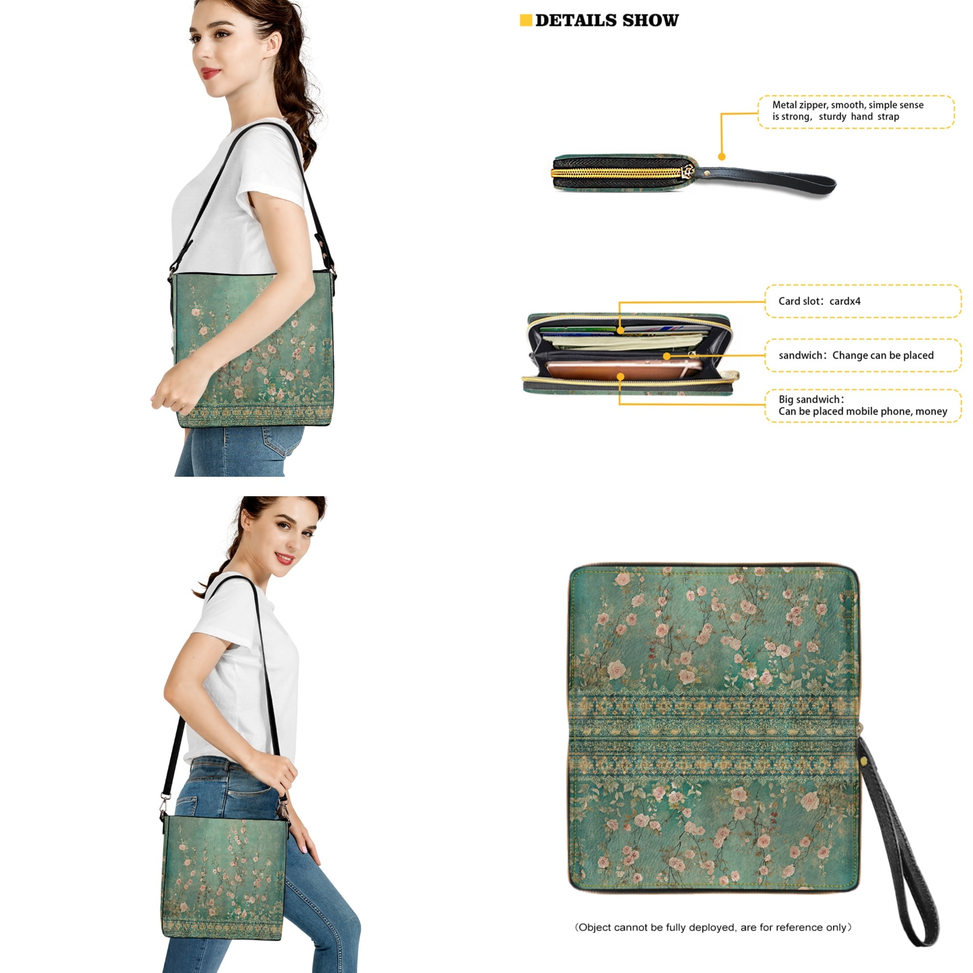 ZUXONGSY Baroque Flower Rose Print Multifunctional Leather Crossbody Handbag with Wrist Wallet for Women, Multipurpose Bucket Bag Purse and Wallet Set for Daily Use Travel