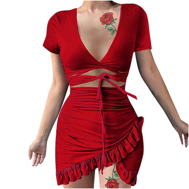 Leutsin Women Solid Color Asymmetrical Dress Short Basic Mini Club Dress Plus Size