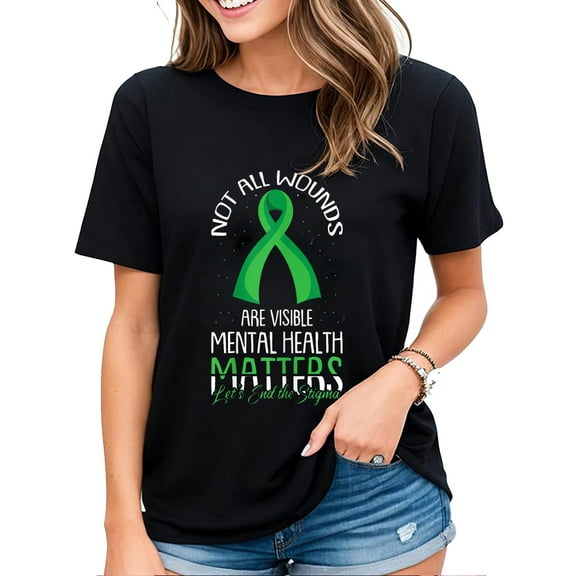 Womens Mental Health Matters T-Shirt Not All Wounds Are Visible Casual Short Sleeve Tops Black Large