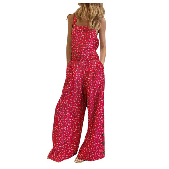 MSJUHEG Jumpsuits For Women Denim Jumpsuit For Women Floral Prints Straps Wide Leg With Pockets Vintage Jumpsuit Womens Jumpsuit Red S