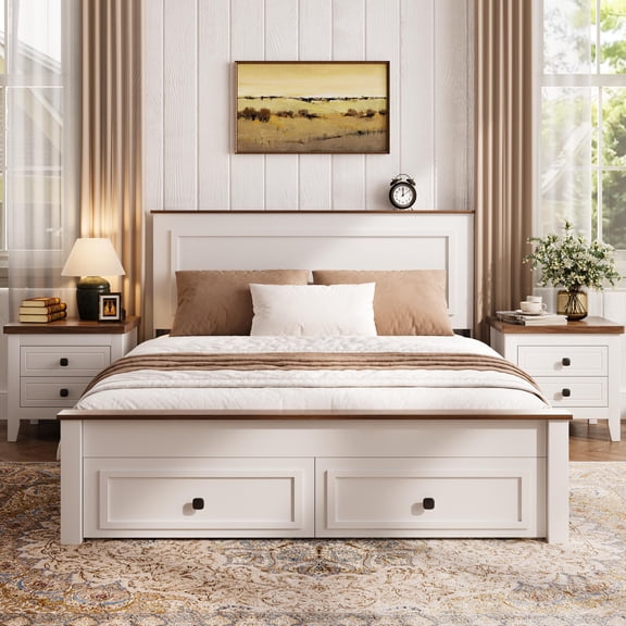 UHOMEPRO Full Size Bed Frame with 2 Storage Drawers, Platform Bed Frame with Headboard and Footboard, Heavy Duty Wooden Bed Frame, No Box Spring Needed, Brown