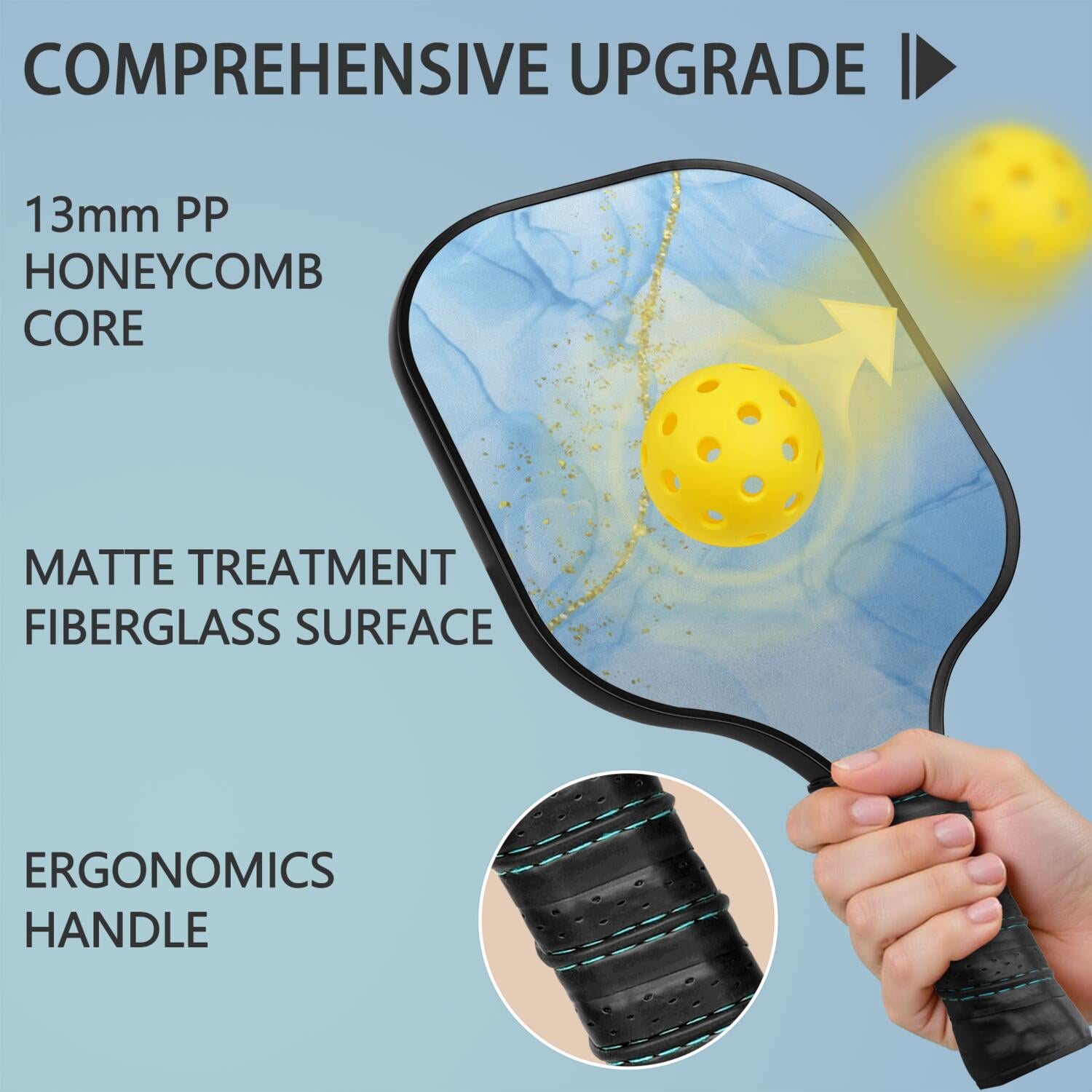 Pickleball Paddles Set Of 1, Fiberglass Surface, Turquoise Marble Pattern, 1 Paddle, 2 Balls & Bag