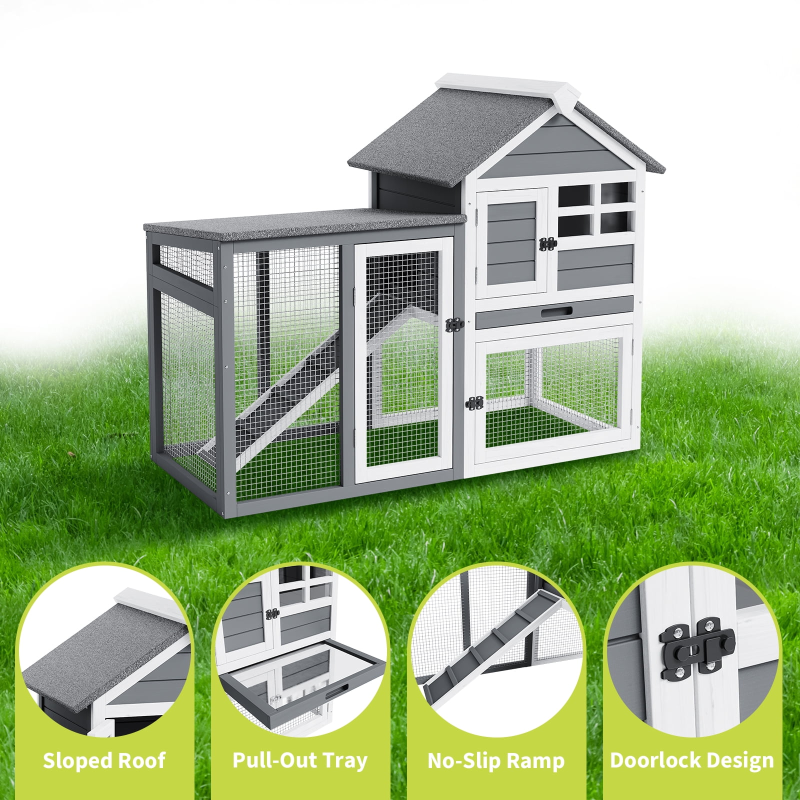 2-Story Rabbit Hutch Chicken Coop Outdoor with Waterproof Roof & Running Cage Large Bunny Cage with Ramp & Pull Out Tray