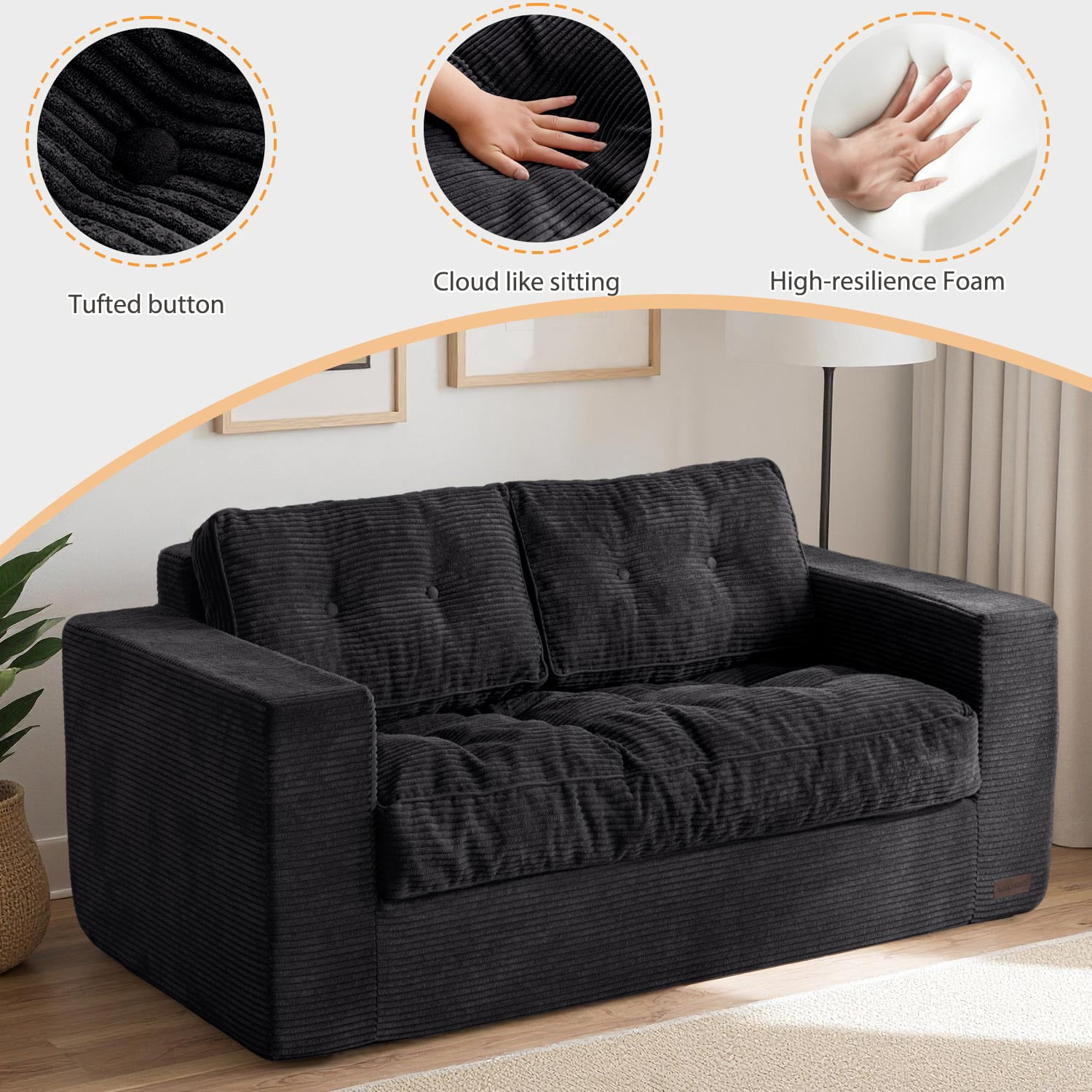 BYBYME Bean Bag Chair Sofa for Adults,Giant Large Loveseat Boneless Couch with Tufted Cushion & Backrest,Comfy Chair Lazy Sofa for Bedroom Living Room,Black