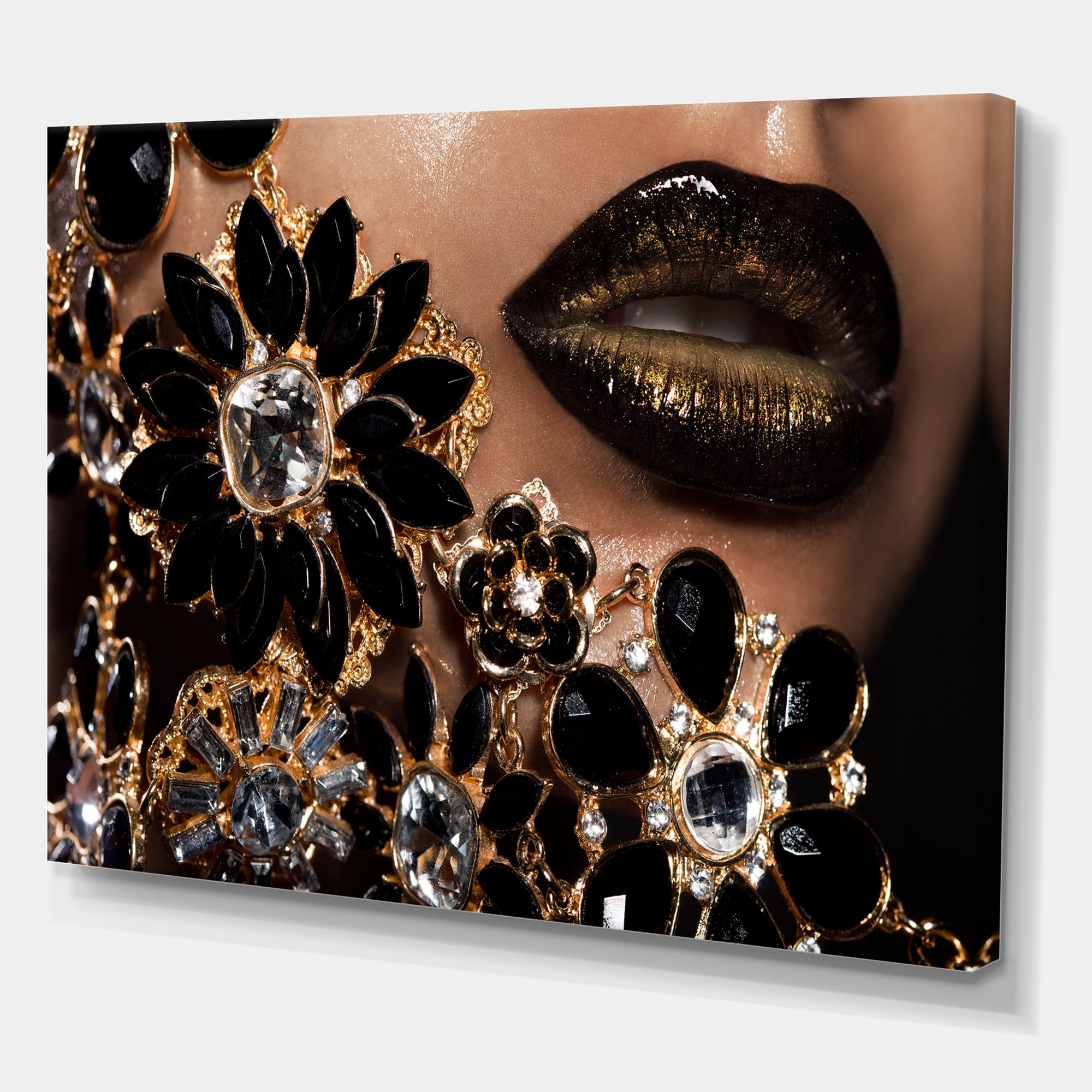 Designart ' Woman Lips With Golden Jewelry ' Modern Canvas Wall Art Print
