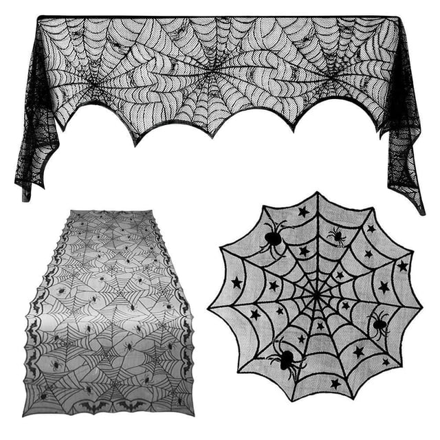 Halloween Tablecloth Set with Spiderweb and Bat Design – 1 Fireplace Mantle (18 in x 96 in), 1 Round Tablecloth (40 in Dia), 1 Rectangular Tablecloth (48 in x 96 in)