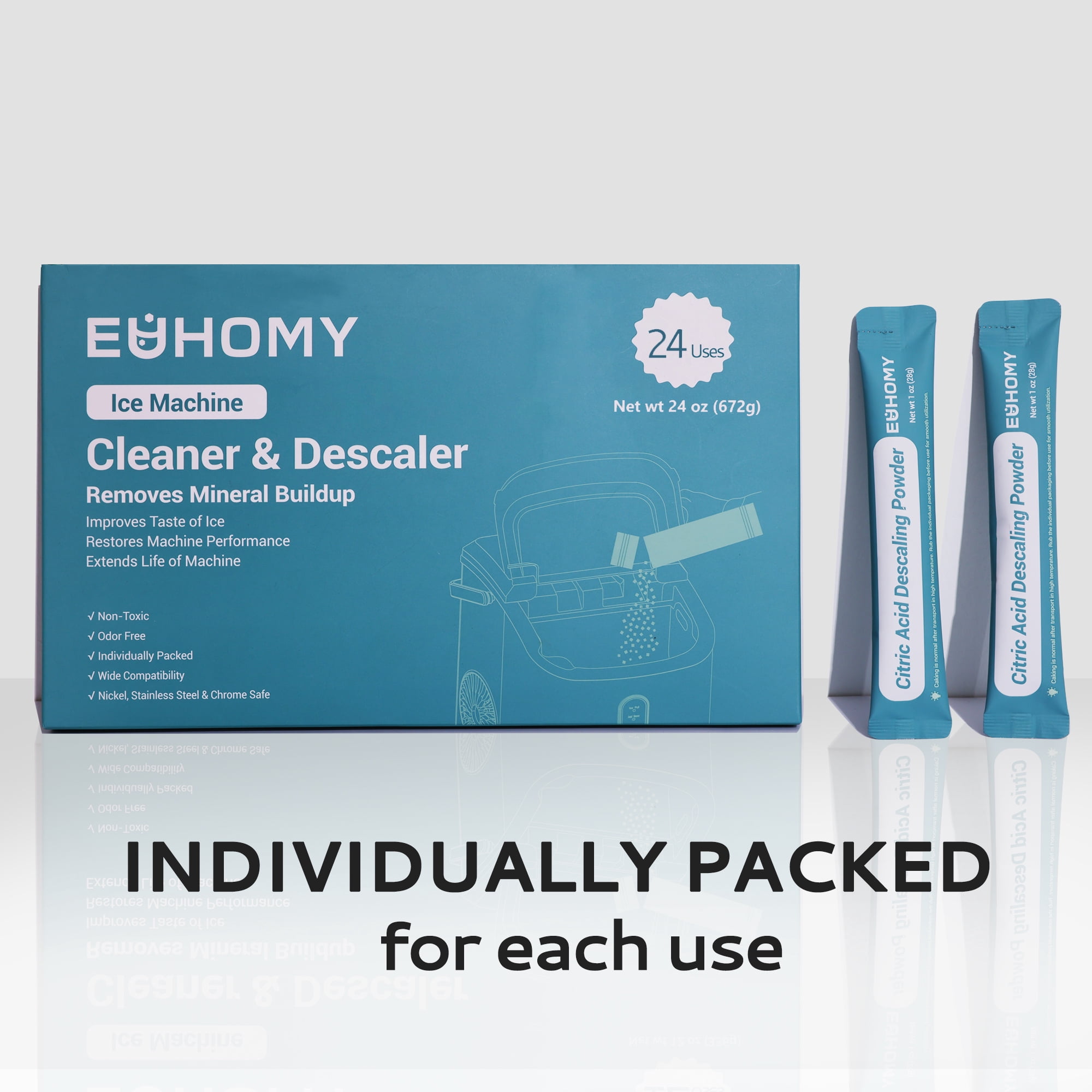 EUHOMY Ice Machine Cleaner, Compatible with All Major Brands, 24 Use, Individually Packed, 1 Pack, Organic Citric Acid Descaling Powder for Ice Maker Cleaning