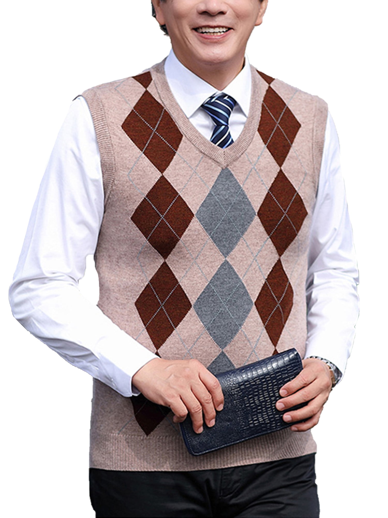 Men's V Neck Sweater Vest Sleeveless Pullover Contrast Color Argyle Knitwear Vest 