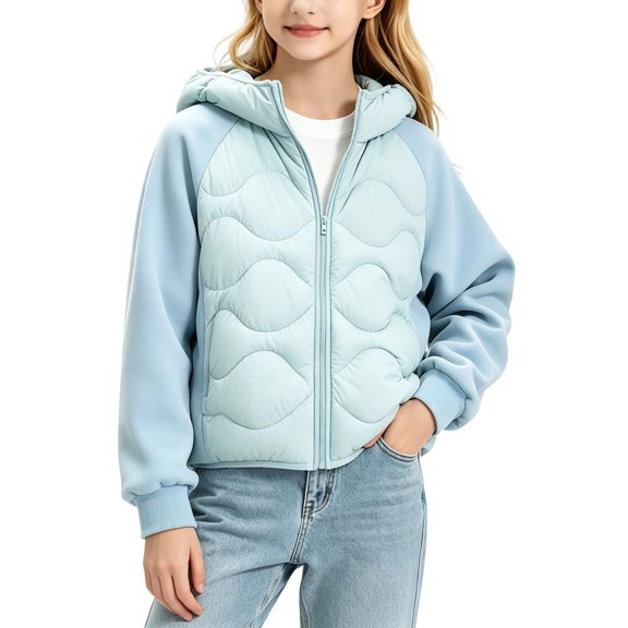 Luvrsol Girls Quilted Hooded Jacket, Zip‑Up Mixed Fabric Warm Casual Outerwear for Kids 110-170