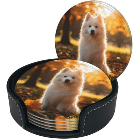 

Samoyed Dog Premium Leather Coasters - Set of 6 with Holder | Stylish Drink Coasters for Kitchen Coffee and Home Decor