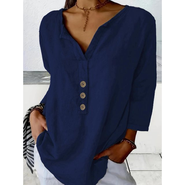 Solid Color Notch Collar Shirt Casual Button Shirt Tops