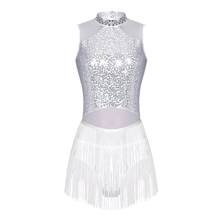 iixpin Women's Mock Neck Sequins Tassel Latin Dance Costume Samba ChaCha Rumba Tango Dance Dress White L