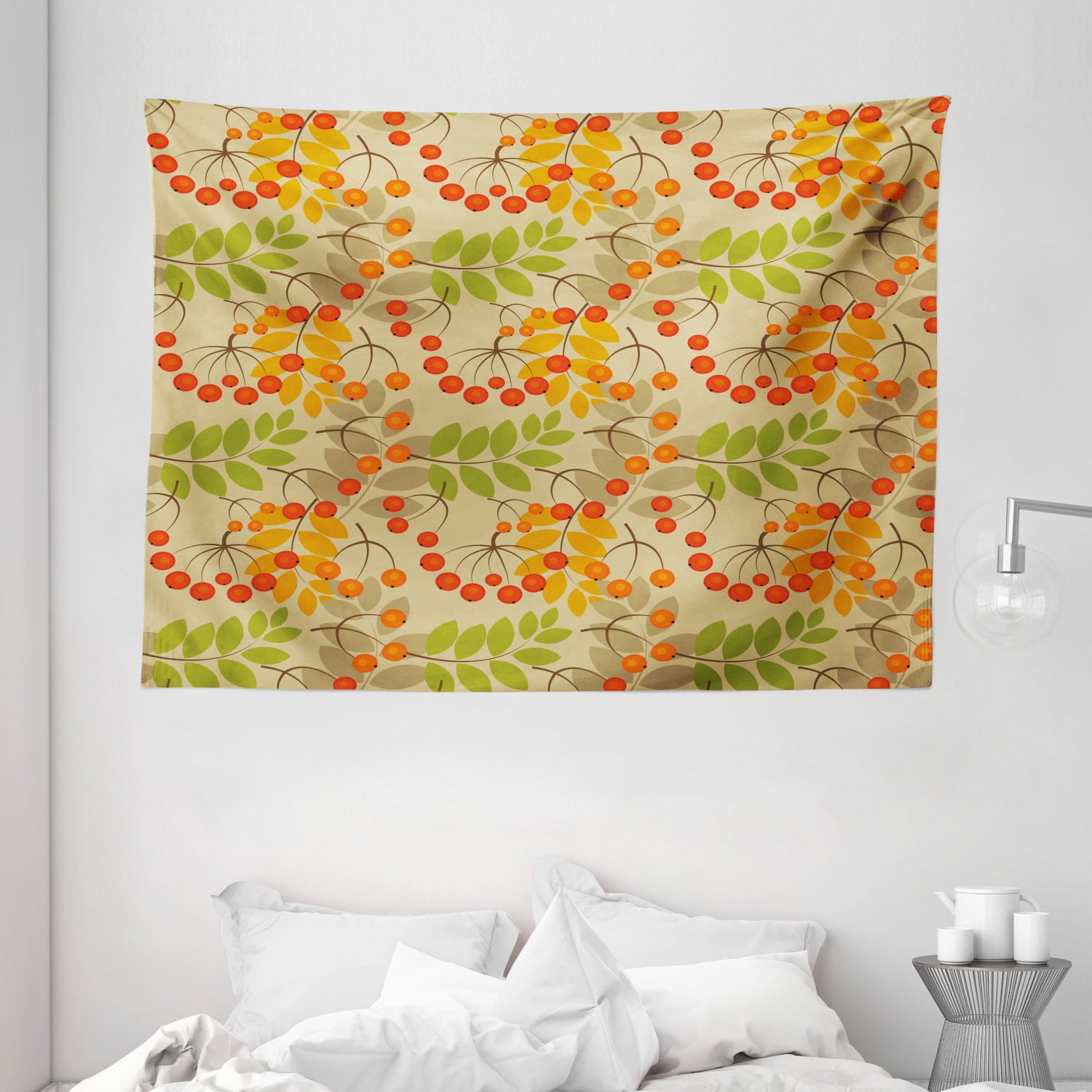 Rowan Tapestry, Vivid Colorful Graphic Pattern of Rural Foliage Fruits