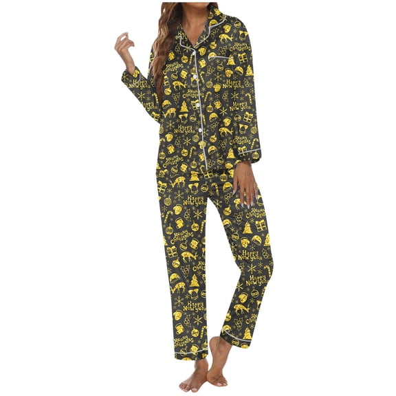Postpartum Lounge Sets for Women – Soft Pajamas for Women Set Women's Christmas Printed Button Pocket Long Sleeved Pants Home Sleepwear Set