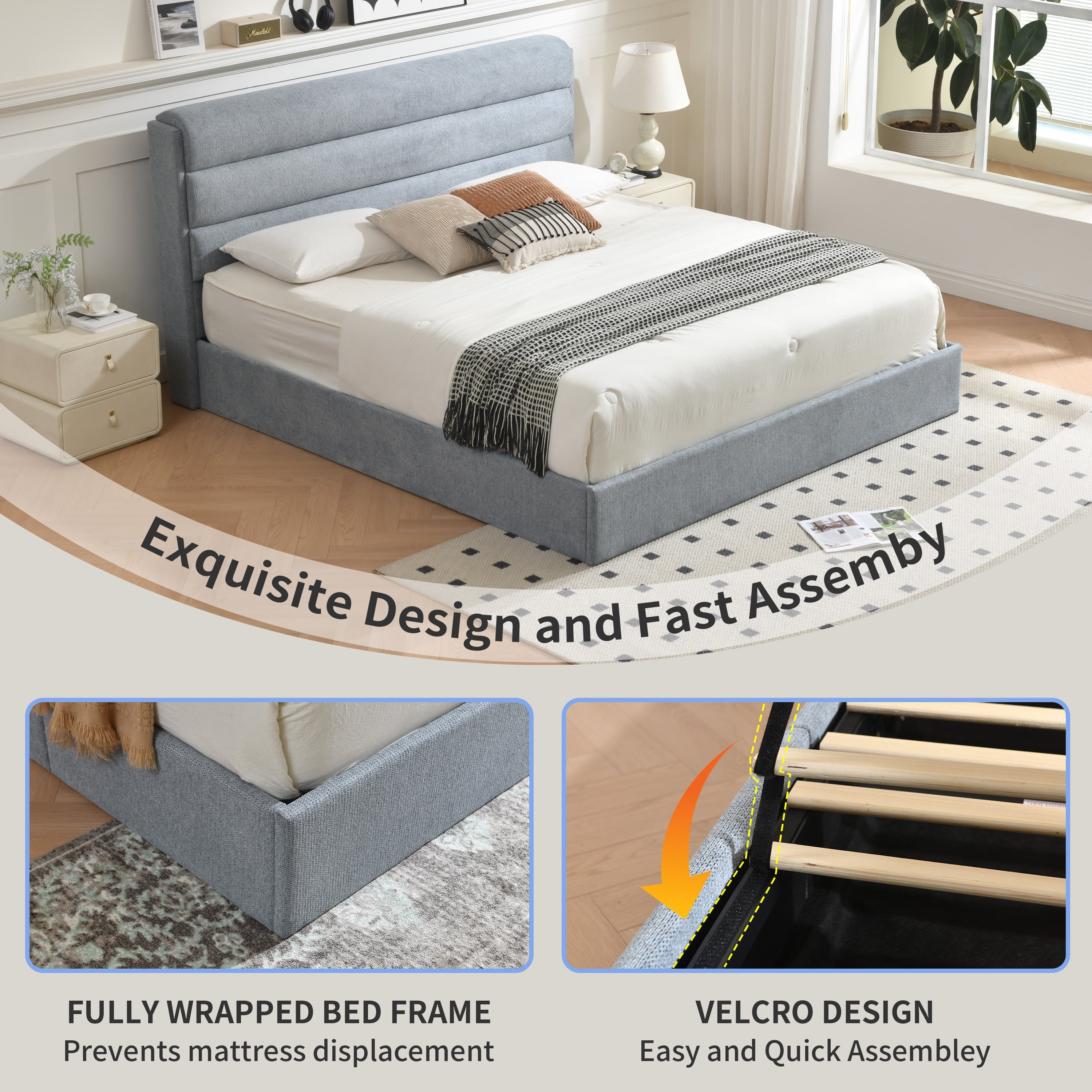 King Bed Frame with Lift up Storage, Wood Bed Frame with Headboard and Solid Wood Slats Support, Sturdy and Noiseless, Baby Blue