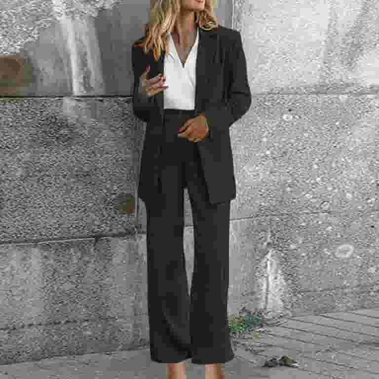 High Waisted Black Pants With Buttons And Black Blazer Piece