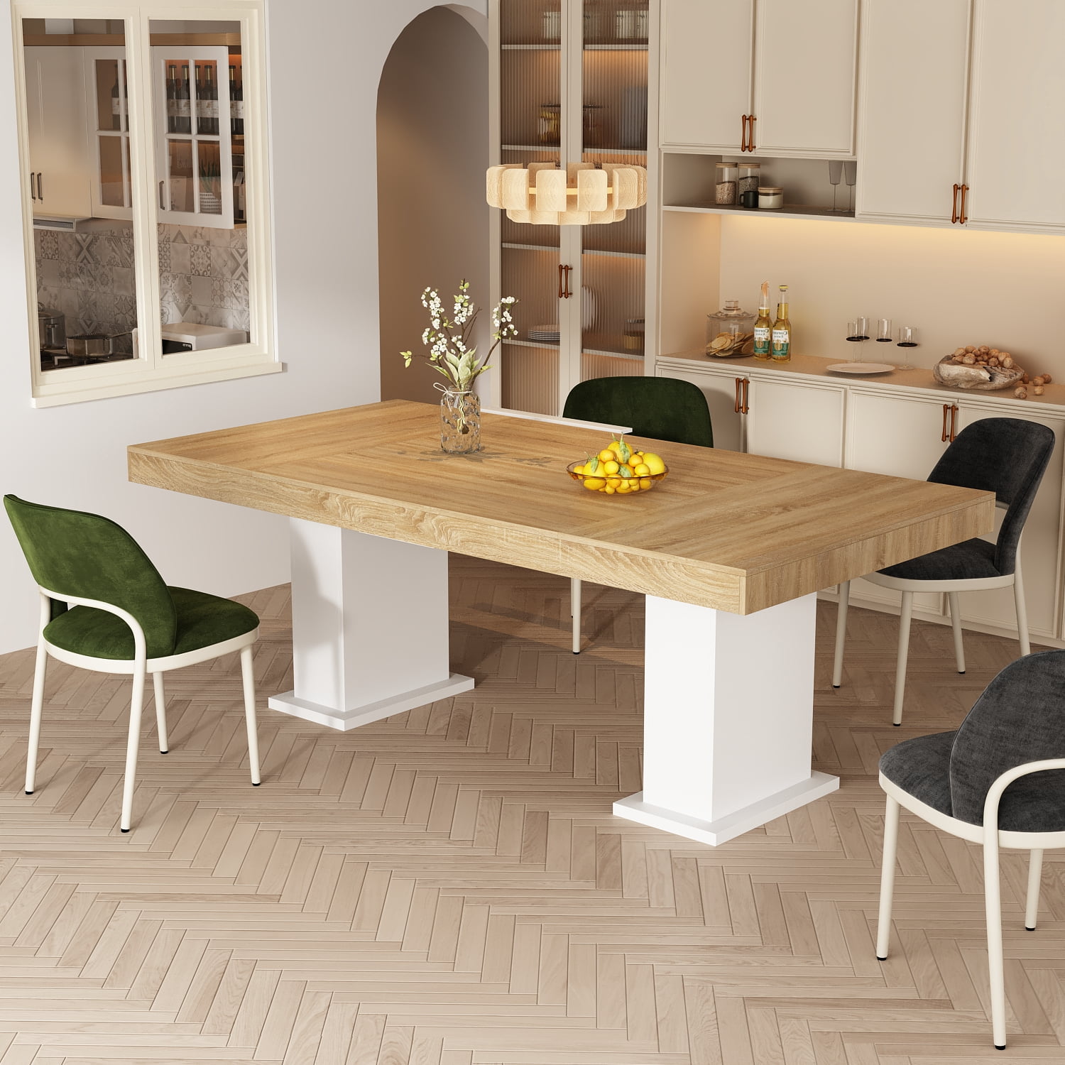 Oxylife Modern Dining Table for 6-8 People, 78.7" Wood Kitchen Table,Long Rectangle Wooden Dinner Table for Dining Room, Brown & White