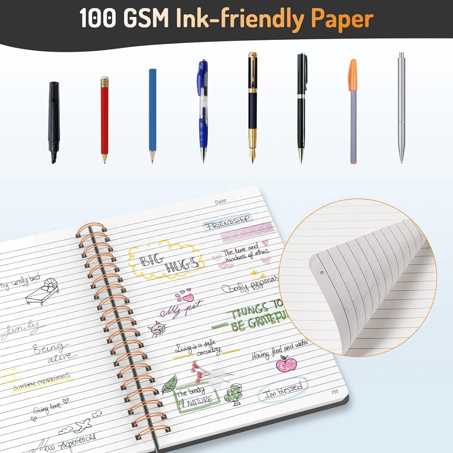 Lined Spiral Journal Notebook with 300 Numbered Pages, B5 College Ruled Thick Journals for Writing with 100GSM Paper, Hardcover Notebooks with Contents for Work, School, Women Men, Blue Marble