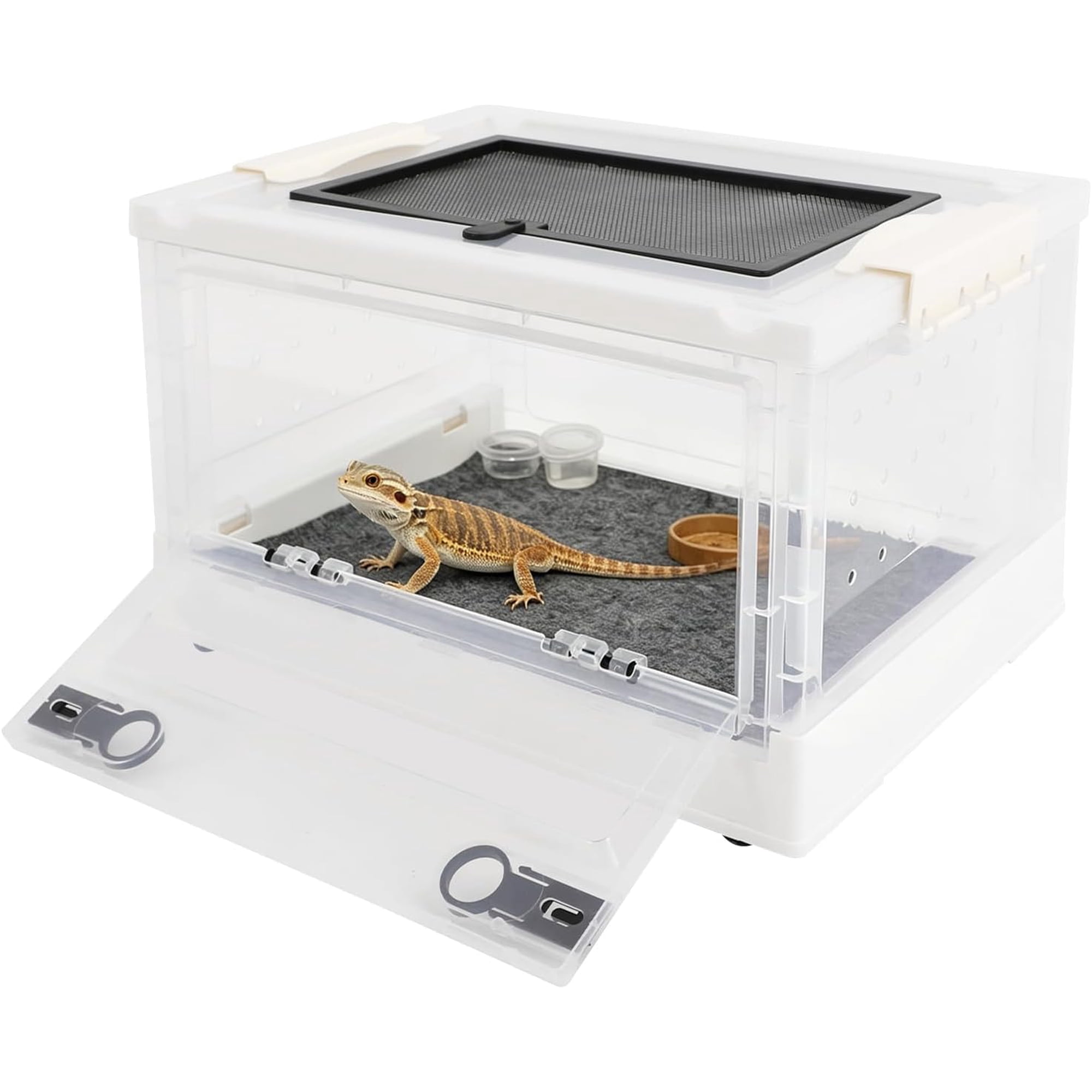 Foldable Reptile Tank 16x12x10in Clear Reptile Terrarium (White) Portable Plastic Terrarium, Reptile Travel Carrier with Mesh Vent & Safety Latches for Snake Gecko Bearded Dragon Hamster