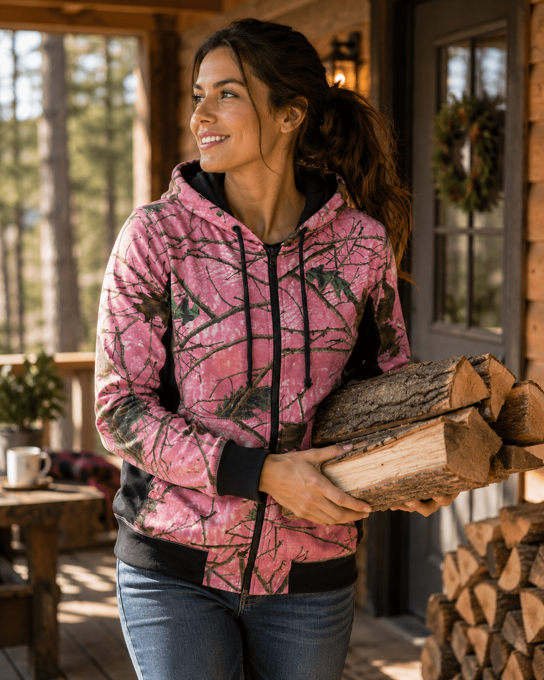 TrailCrest Women’s Full Zip Up Hoodie Sweatshirt Casual Fashion Sweater Hooded Jacket, XL, Pink Camo