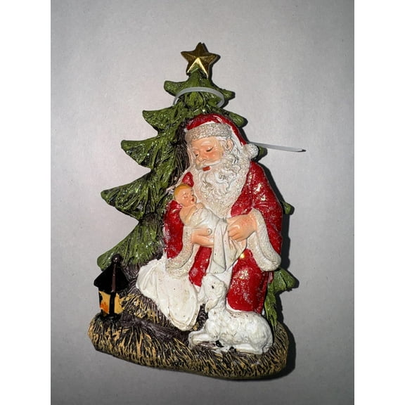 NorthPoleXpress Nativity Figurine, Praying Santa With Baby Jesus Manger, Decorative Ornament for Table, Catholic Religious Ornaments