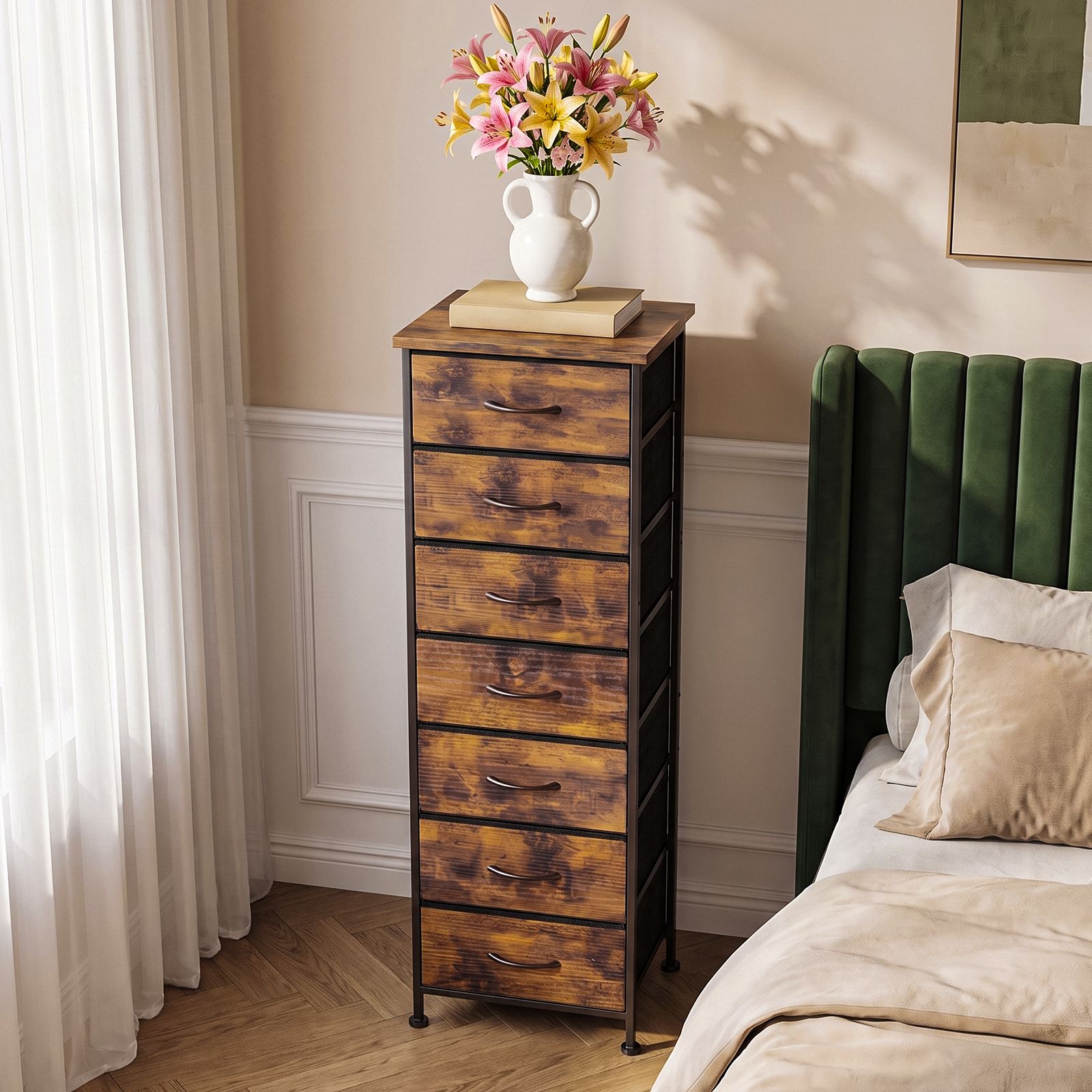 7-Drawer Dresser, Narrow Tall Storage Tower with Wood Top, Steel Frame, Fabric Drawers, Anti-Tip Strap, 47 in High