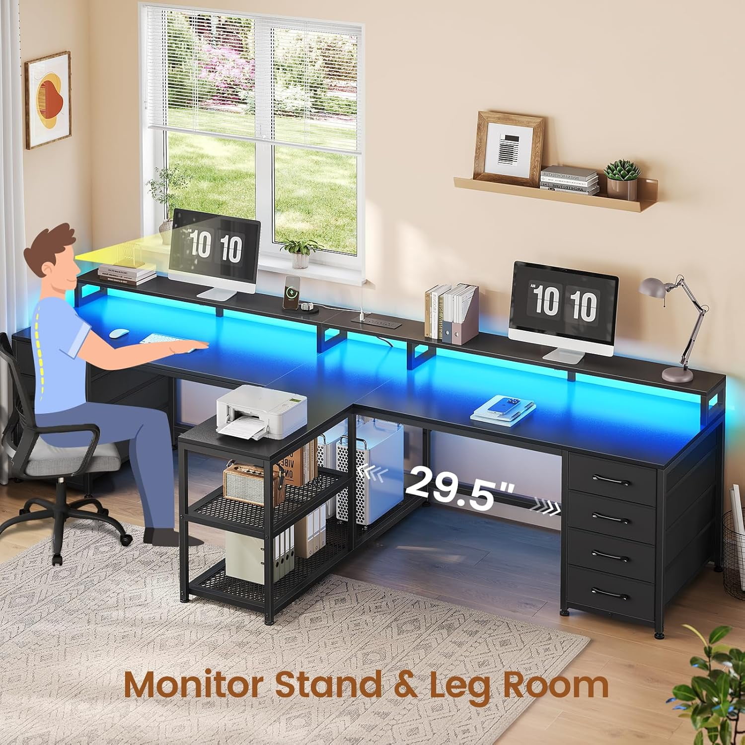 2 Person Desk with Storage, 94.5" Long Double Desk with 8 Drawers and Open Shelves, Home Office Desk with Monitor Stand and Power Outlets, Gaming Desk Dual Person Desk with LED Lights, Black