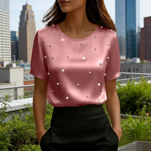 ClodeEU Women's Short Sleeve Round Neck Pearl Beaded T Shirts,Leisure Professional Style Top Pink,Womens Plus XL